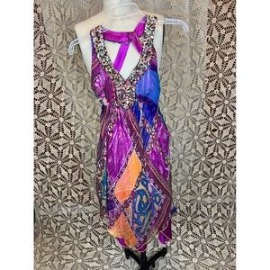 Ginger Java XS Dress 100% Silk Beaded Sequin Party Cocktail Purple Blue paisley